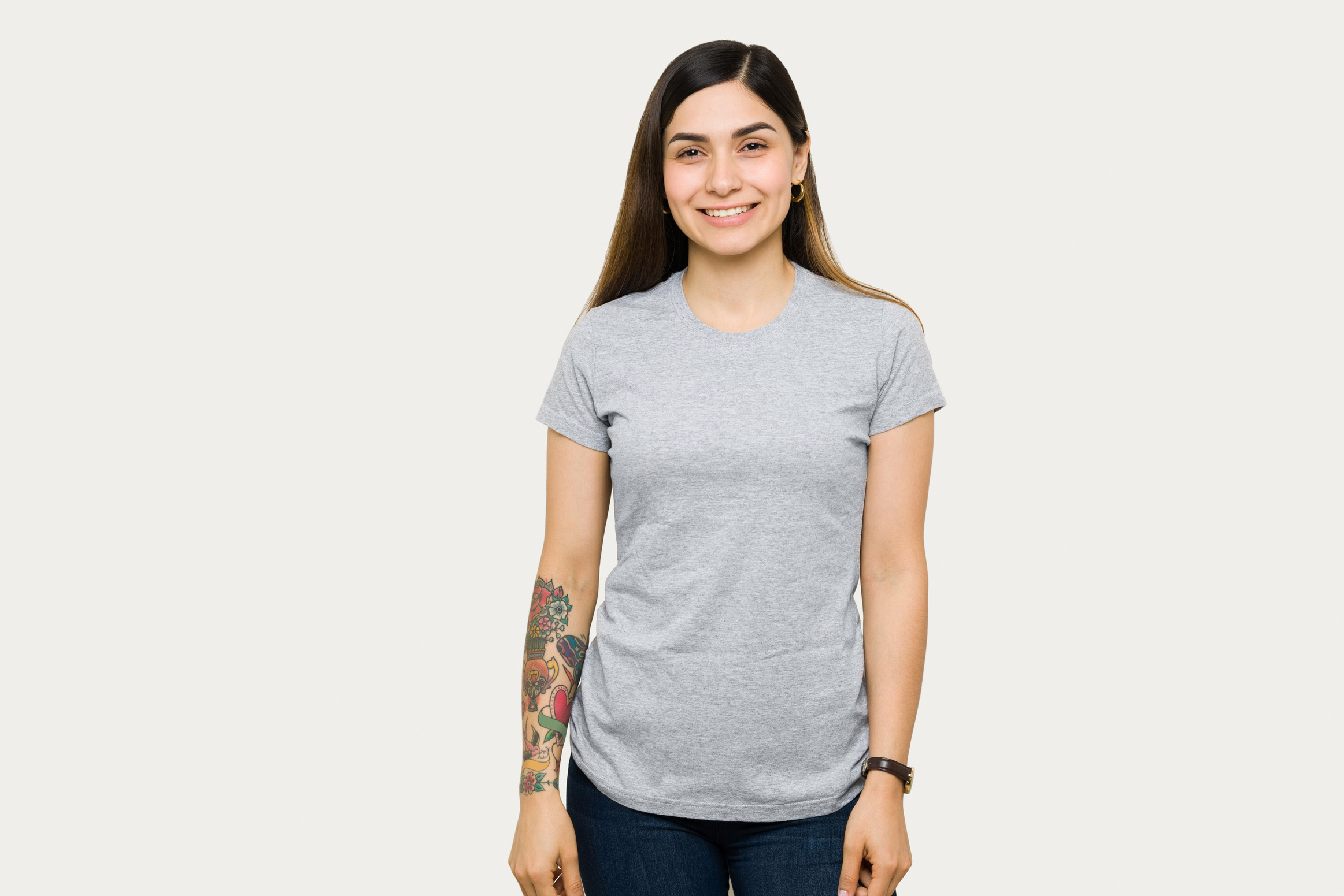 Portrait of a latin woman with a mock up gray t-shirt